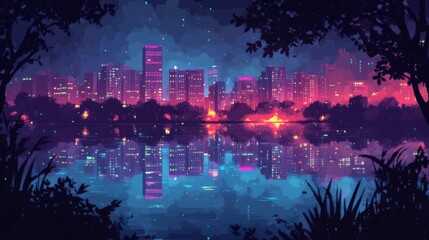 Fototapeta premium Reflection of Skyscrapers on Calm Lake at Night