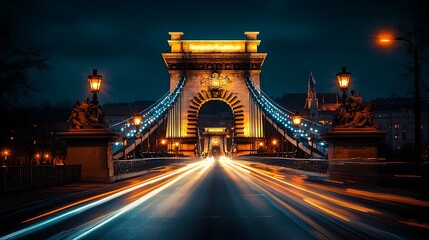Obraz premium Night view of a majestic illuminated bridge with light trails from vehicles.