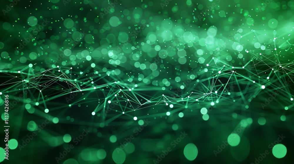 Poster abstract green background with moving lines and dots the concept of big data technology and science 