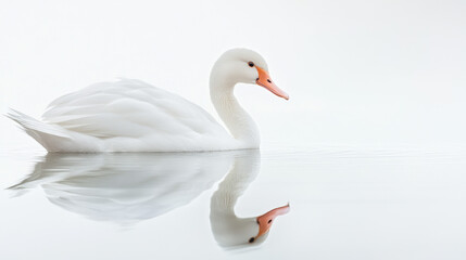 Obraz premium A graceful white swan glides serenely across a calm, reflective lake, with its elegant form mirrored in the tranquil water.