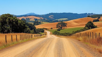 Fototapeta premium Dirt road through golden hills, fenced fields. Perfect for travel, nature, and rural themes.