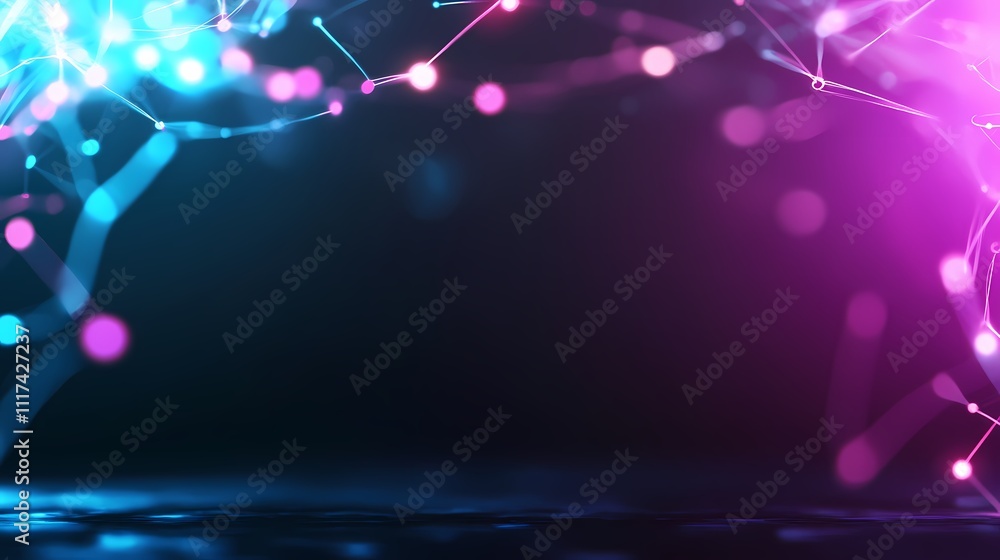 Poster abstract glowing network connections with bokeh lights and dark background.