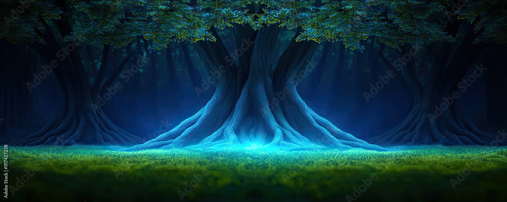 Poster a mystical forest scene with towering trees and soft blue light illuminating the ground.