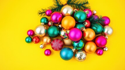 Obraz premium A vibrant collection of Christmas ornaments in a festive display on a bright yellow background