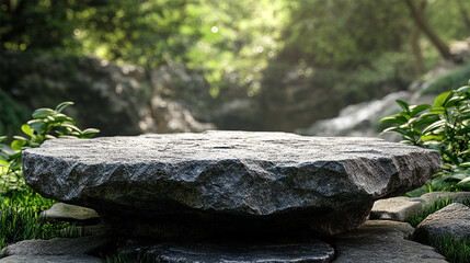 Fototapeta premium The empty rock still life display stands in the sunlight of the woods