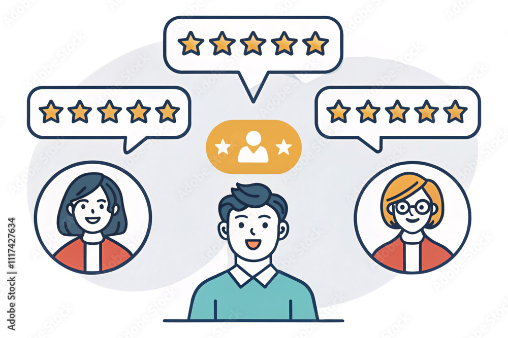 Poster speech bubbles with five-star ratings surrounding three smiling figures. the focus is on positive ex