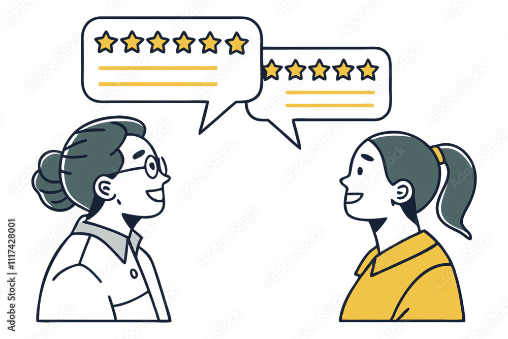 Poster two smiling individuals exchanging five-star reviews in speech bubbles. simplistic, modern illustrat