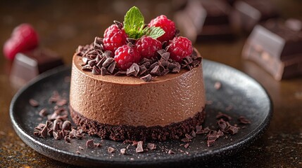 Indulgent Belgian Chocolate Mousse with Raspberries and Chocolate Shavings