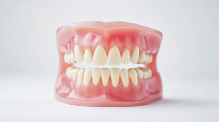 Realistic model of human teeth showcasing detailed dental structure with pink gums against a white background.