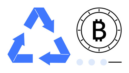 Bitcoin symbol inside a coin adjacent to blue recycling arrows forming a triangle. Ideal for blockchain technology, eco-friendly practices, green finance, renewable resources, investment strategies