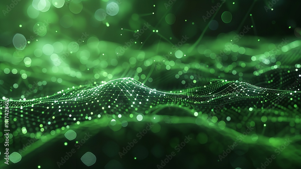 Poster abstract green background with moving lines and dots the concept of big data technology and science 
