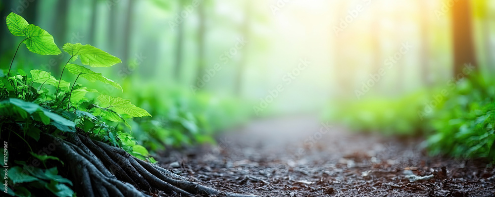 Poster A serene forest path illuminated by soft sunlight and surrounded by lush greenery.