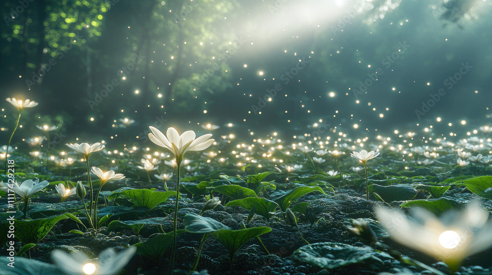 Poster a serene forest scene featuring glowing flowers and sparkling particles in soft sunlight.