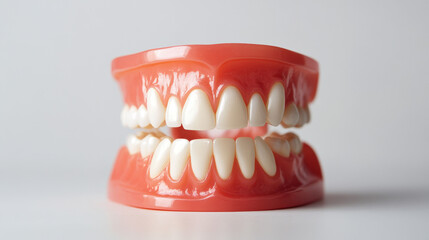 Close-up of a dental model showcasing human teeth in a full set of dentures against a plain background, highlighting oral health and dental care essentials.