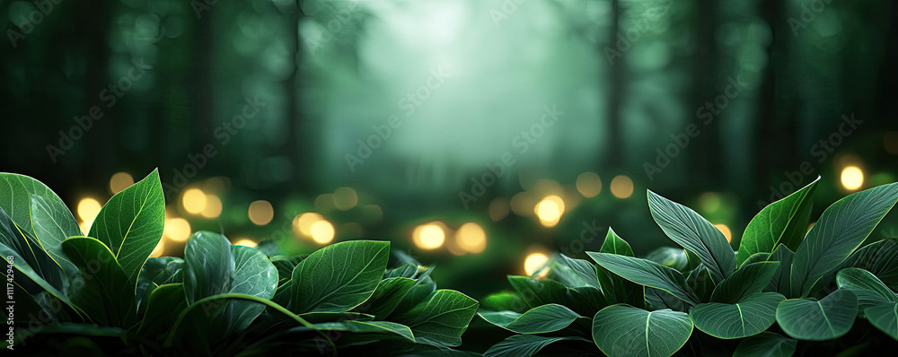 Poster a serene forest scene featuring lush greenery and soft glowing lights in the background.