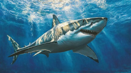 Fototapeta premium Great White Shark in Sunlit Waters