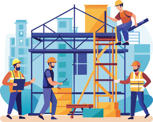 buiders working on scaffolding and building frame construction progress vector illustration graphic design artwork