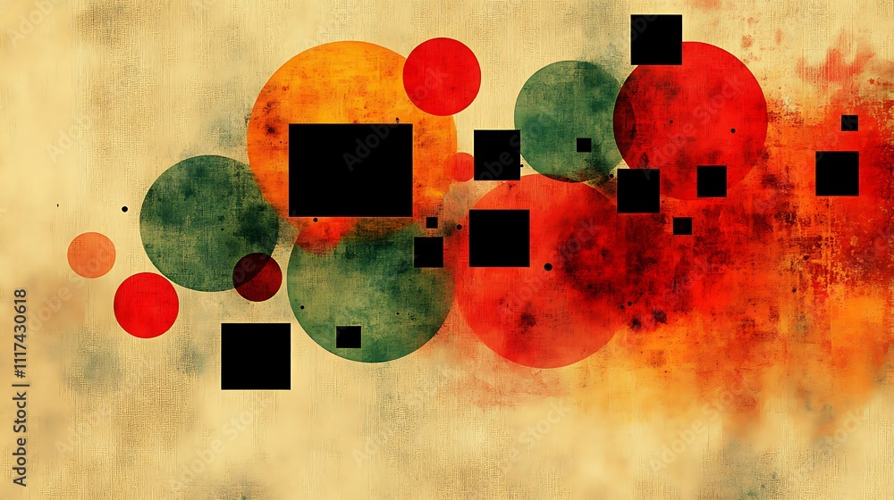 Poster abstract art with circles and squares in warm colors on textured background.
