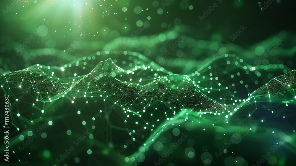 Poster abstract green background with moving lines and dots the concept of big data technology and science 