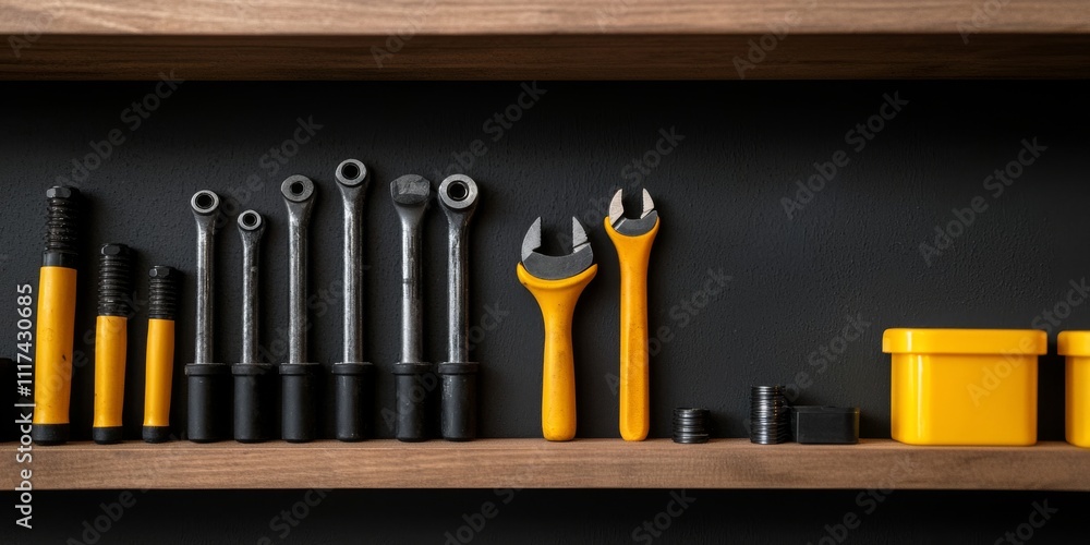 Poster tools arranged neatly on a wooden shelf with a dark background.