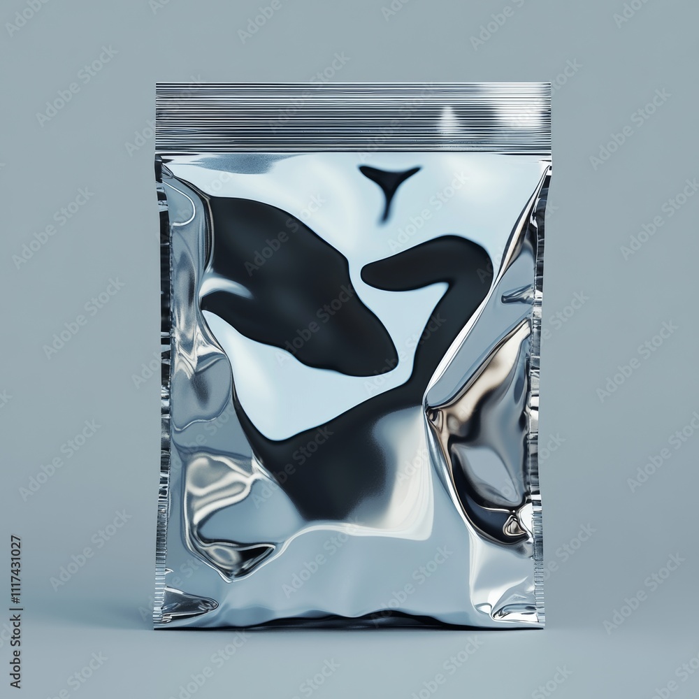 Poster a bold plastic pouch with sharp edges and reflective textures, isolated on a smooth gray backdrop