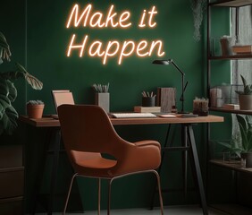 Modern study room with leather armchair, wooden table with laptop, "Make It Happen" text written in neon cursive font