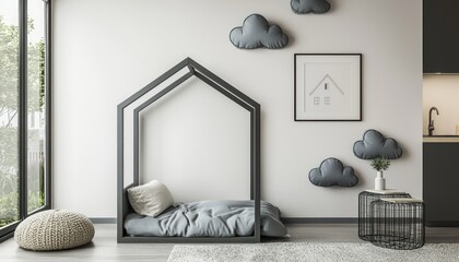 Children's room mockup with cloud wall decorations, a gray house-shaped bed, a black metal wire side table, and a framed poster.