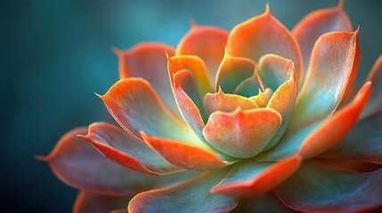Close-up of a vibrant succulent with orange and teal hues, showcasing intricate details and textures.
