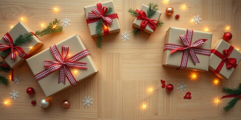 Christmas gifts wrapped in brown paper with red ribbons and checkered patterns, adorned with festive lights and snowflakes on a wooden surface