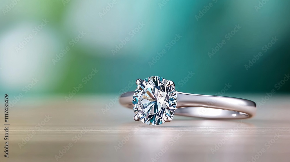 Poster 3d model of a single diamond ring on a soft color background