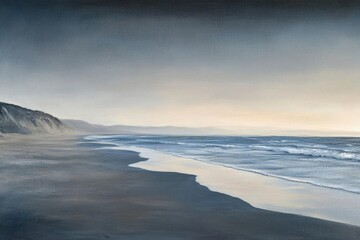 Obraz premium A serene beach landscape at dusk, showcasing calm waters and gentle waves.