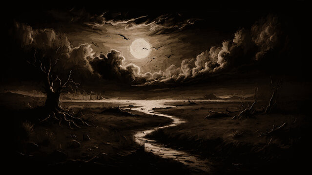 Ein n&auml;chtliches Landschaftsbild mit Fluss, B&auml;umen und Wolken unter dem Vollmond