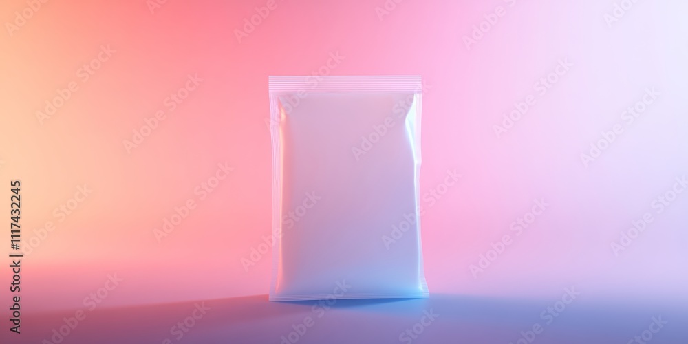 Poster a frosted plastic package rendered in minimalistic 3d, centered on a gradient background with ambien