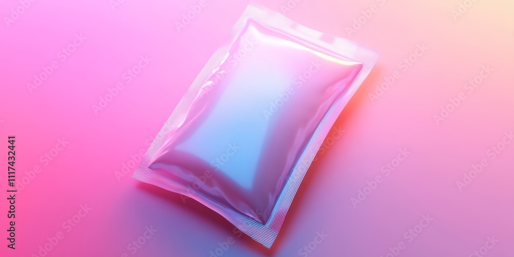 Poster a frosted plastic package rendered in minimalistic 3d, centered on a gradient background with ambien