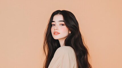 Naklejka premium Radiant Italian woman with luxurious flowing hair displays Mediterranean elegance and warm confident smile while gracefully touching her healthy dark locks.