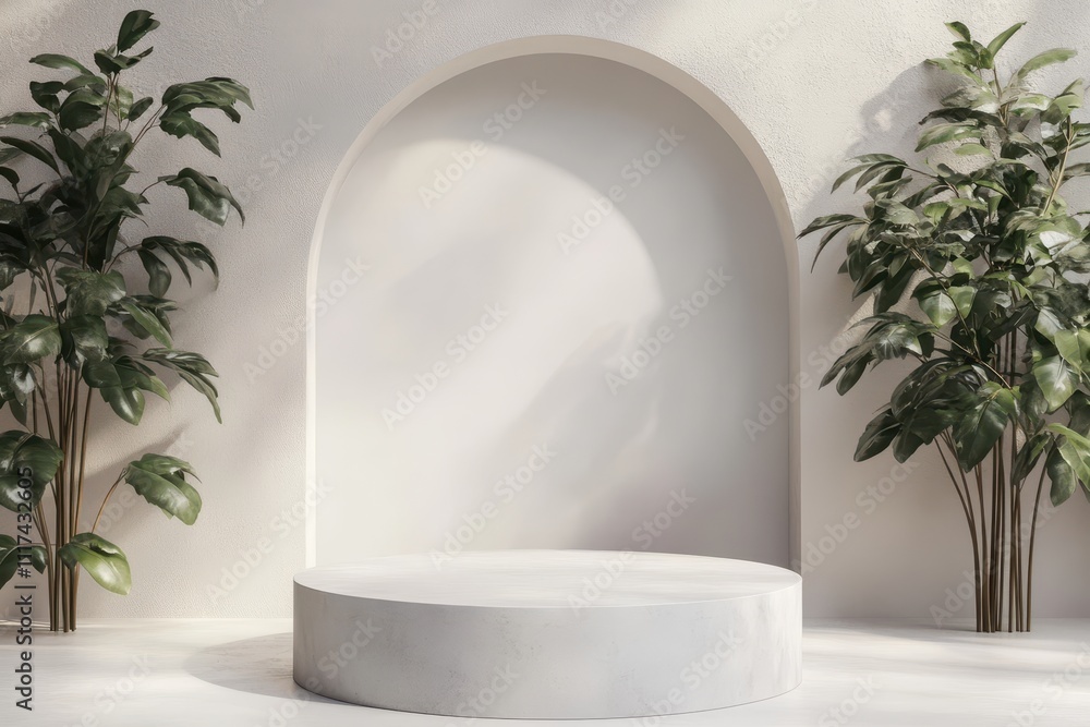 Poster a minimalist display area with an arch and greenery for presentations or showcases.