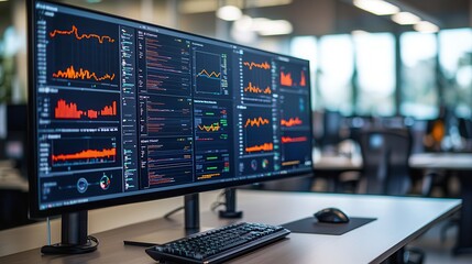 Information technology integrates cybersecurity. Data analytics workstation with multiple screens