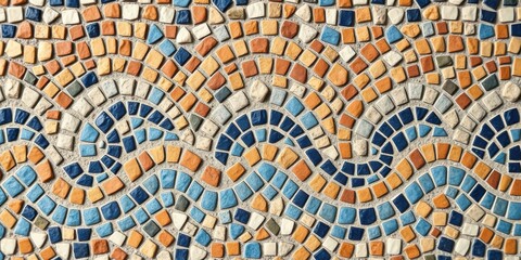 Fototapeta premium A seamless pattern of small blue, orange, and white tiles arranged in a wave-like formation.