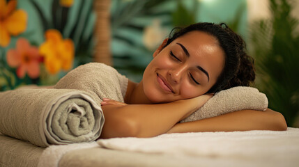 Hispanic woman enjoy and relax gets spa body care treatment