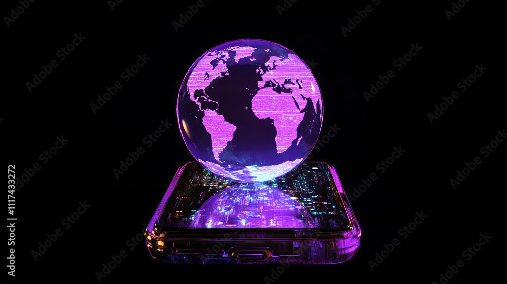 Poster vector 3d isometric ultraviolet smartphone with world hologram. puple globe on display of electronic