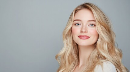 Naklejka premium Beautiful young woman with flowing blonde waves displaying radiant smile after beauty treatment. Elegant close-up portrait showcasing glowing skin and healthy hair against neutral gray backdrop