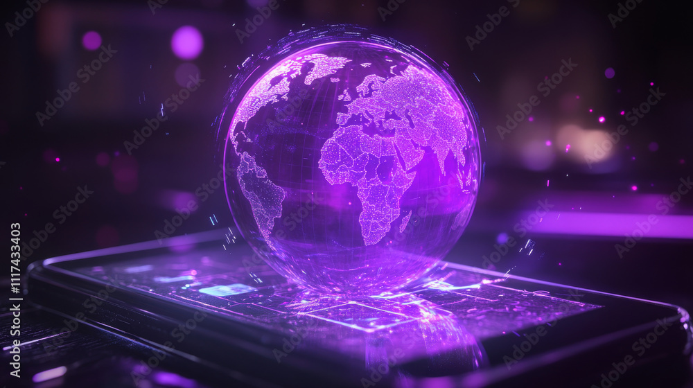 Poster vector 3d isometric ultraviolet smartphone with world hologram. puple globe on display of electronic