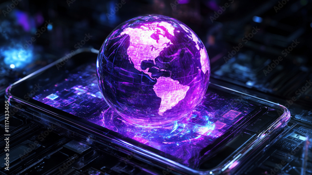 Poster vector 3d isometric ultraviolet smartphone with world hologram. puple globe on display of electronic