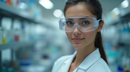 Fototapeta premium Smiling female scientist wearing safety glasses and lab coat in a modern laboratory environment with blurred background with copy space
