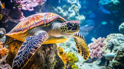 Fototapeta premium Majestic Sea Turtle Swimming Gracefully Among Vibrant Coral Reefs in the Clear Blue Ocean, Showcasing Beautiful Underwater Life and Ecosystem Balance