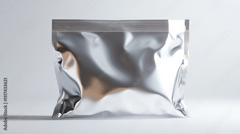 Poster a glossy plastic pouch with sharp reflections and clean details, rendered in a minimal 3d style on a