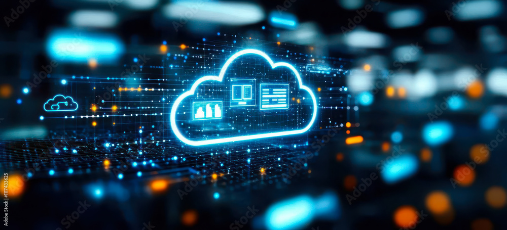 Poster futuristic cloud computing network concept with digital data visualization