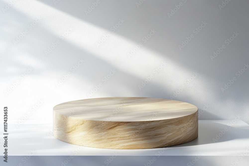 Poster a circular wooden display platform on a minimalist surface with soft light.