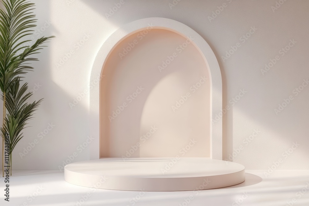 Aufkleber a minimalist display area featuring a soft arch and circular platform, ideal for presentations.