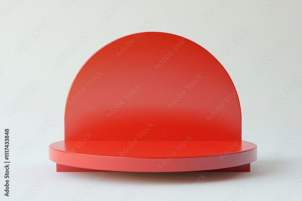 Poster a minimalist red display shelf with a semicircular backdrop, ideal for showcasing items.